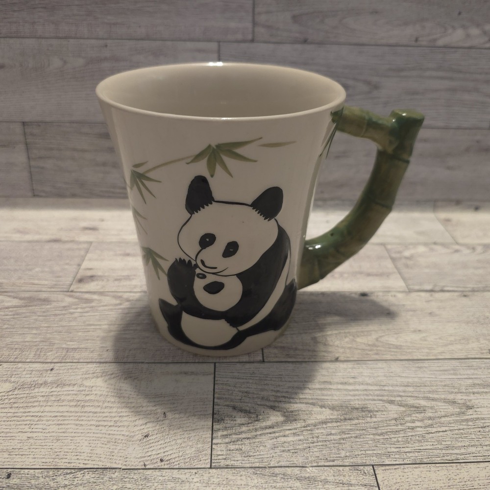 Pier 1 Imports Panda Bear 18oz Hand Painted Mug Bamboo Handle